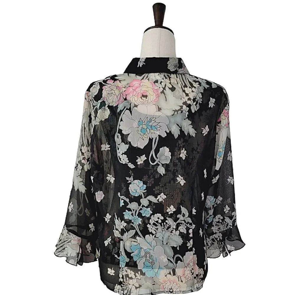 Vintage Nicola Black Floral Sheer Button Down Blouse With Matching Shell Size M - Picture 3 of 9